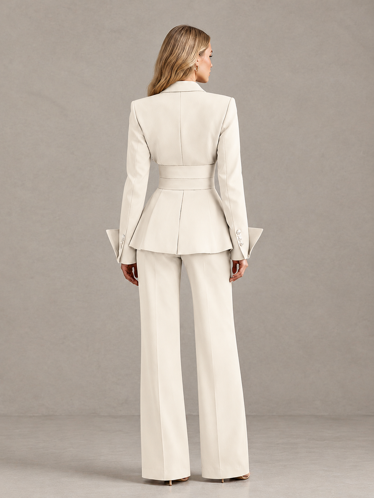 BOLODOO Ivory Belted Peplum Pantsuit with Long Sleeves & Wide-Leg Trousers - Ivory - Ivory_02