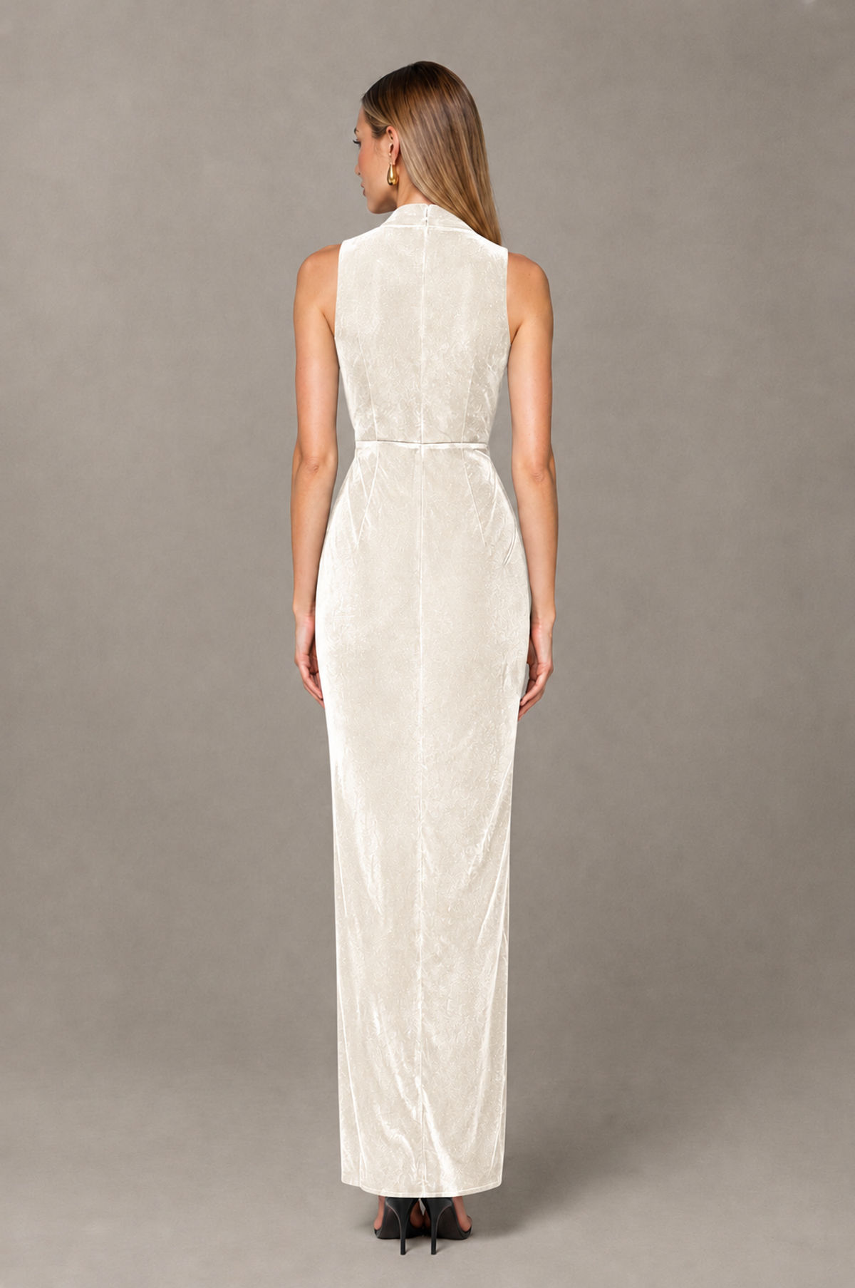 BOLODOO Ivory Velvet-Look Sleeveless V-Neck Ruched Slit Maxi Dress - Ivory - Ivory_02