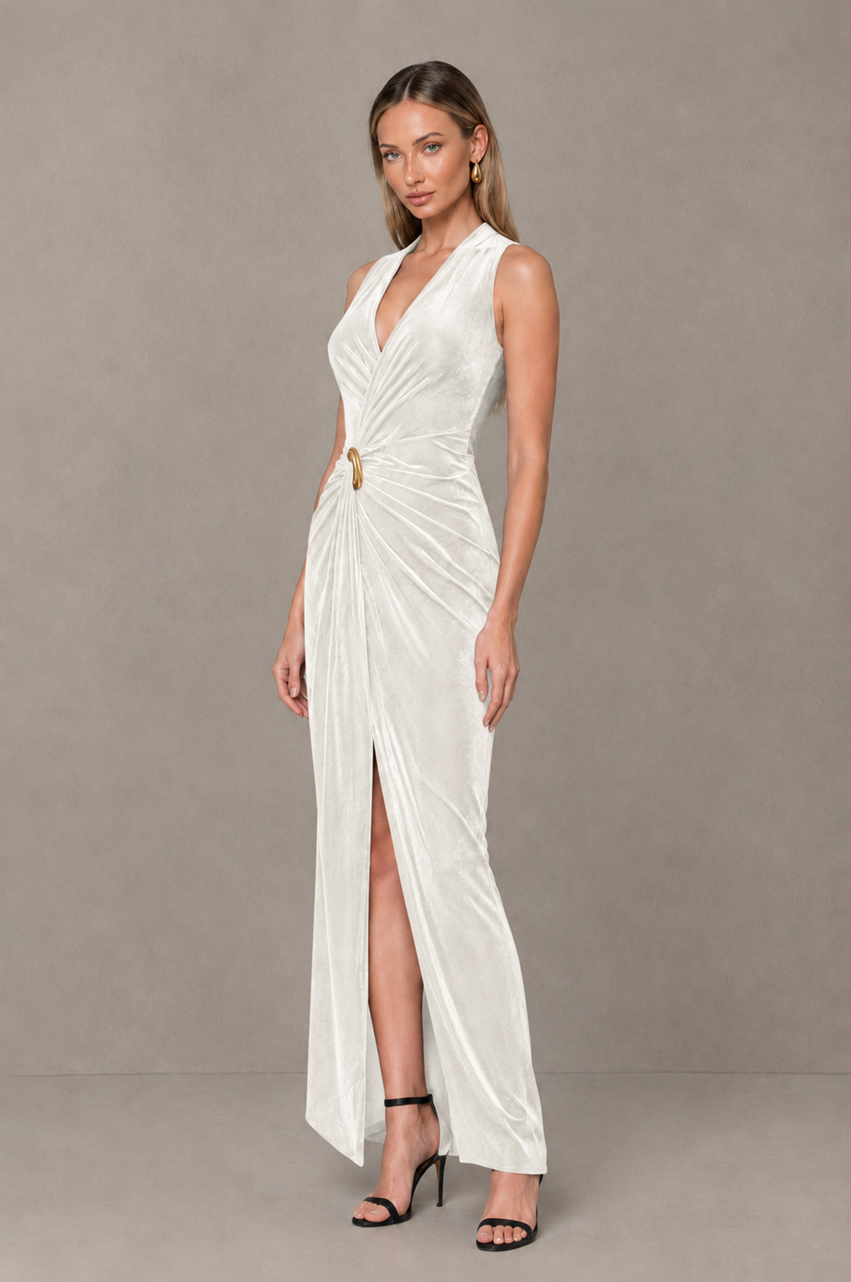 BOLODOO Ivory Velvet-Look Sleeveless V-Neck Ruched Slit Maxi Dress - Ivory - Ivory_03