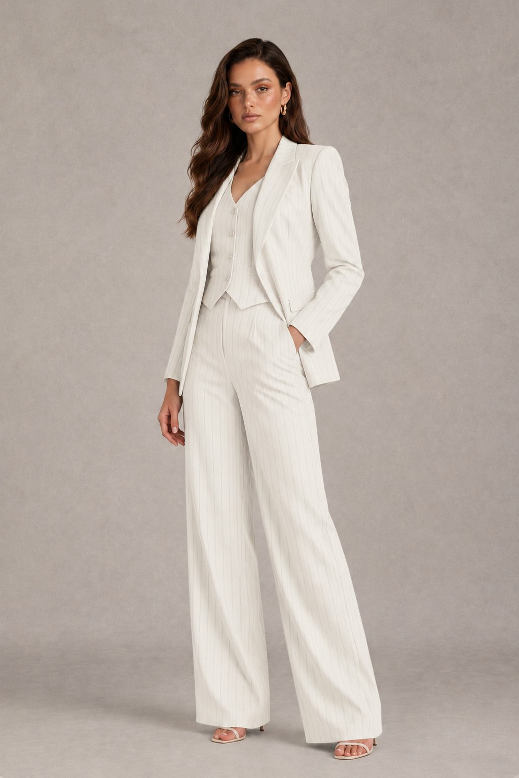 BOLODOO Women's Ivory Pinstripe Three-Piece Pantsuit with Wide-Leg Trousers - Ivory - Ivory_03