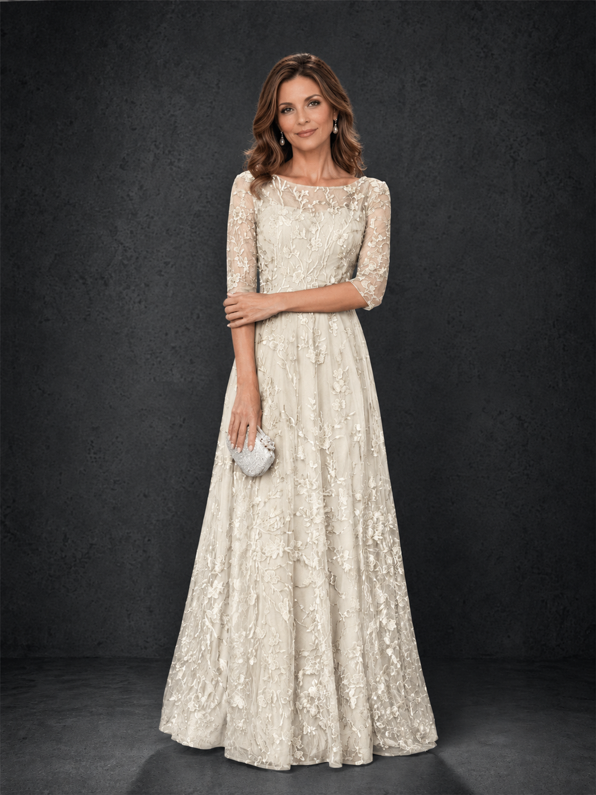 BOLODOO Ivory Illusion Bateau Neck 3/4 Sleeve Floral Lace A-Line Mother of the Bride Dress MX007 - Ivory - Ivory_03