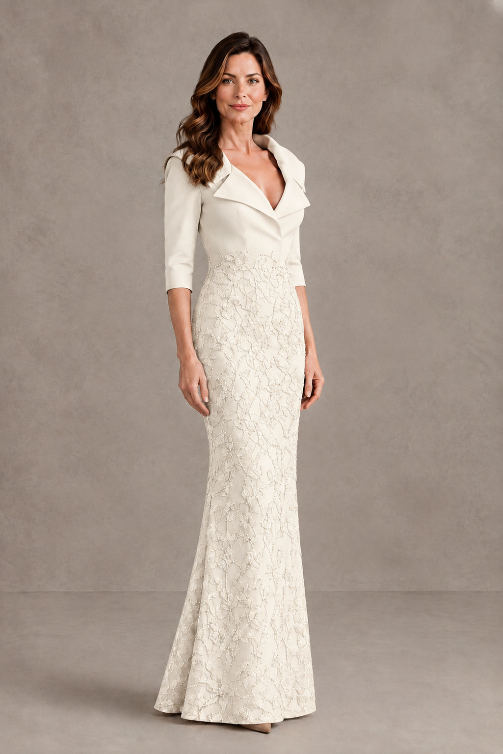 BOLODOO Ivory Three-Quarter Sleeve Mermaid Evening Dress with Floral Detail - Ivory - Ivory_03
