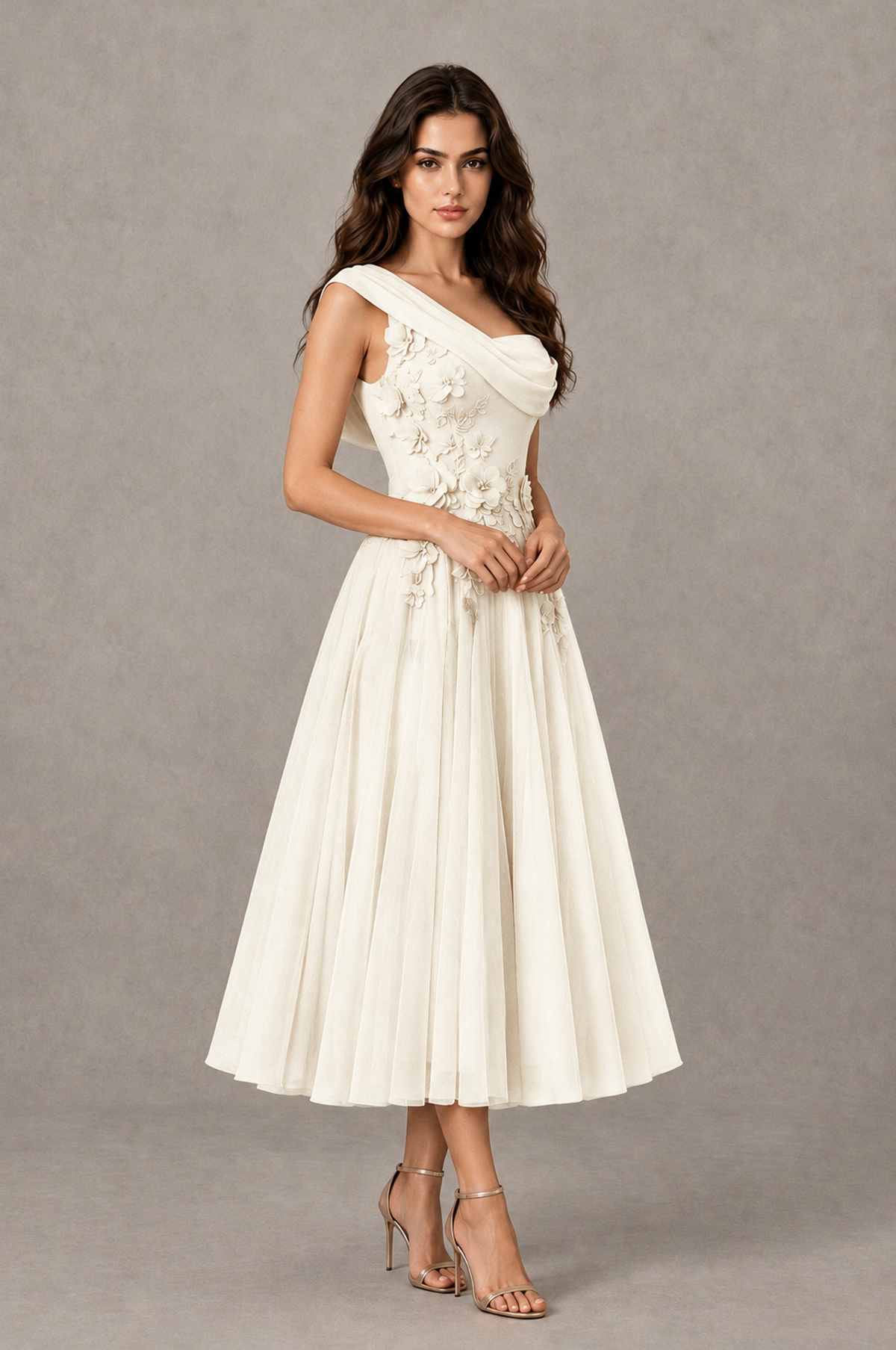 BOLODOO Ivory One-Shoulder Floral Tulle Tea-Length Dress - Ivory - Ivory_03