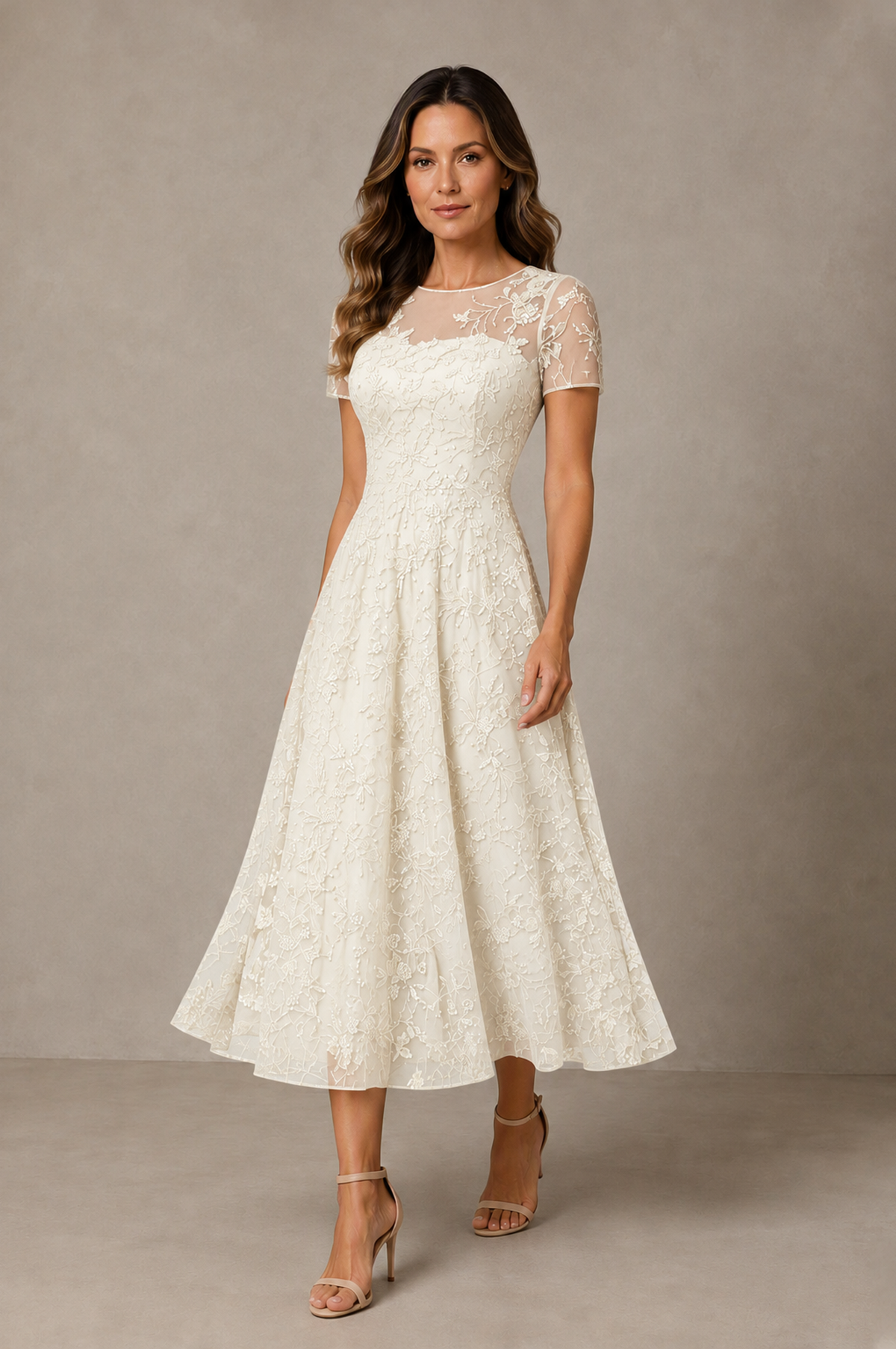 BOLODOO Ivory Textured Floral A-Line Dress with Short Sleeves - Ivory - Ivory_03