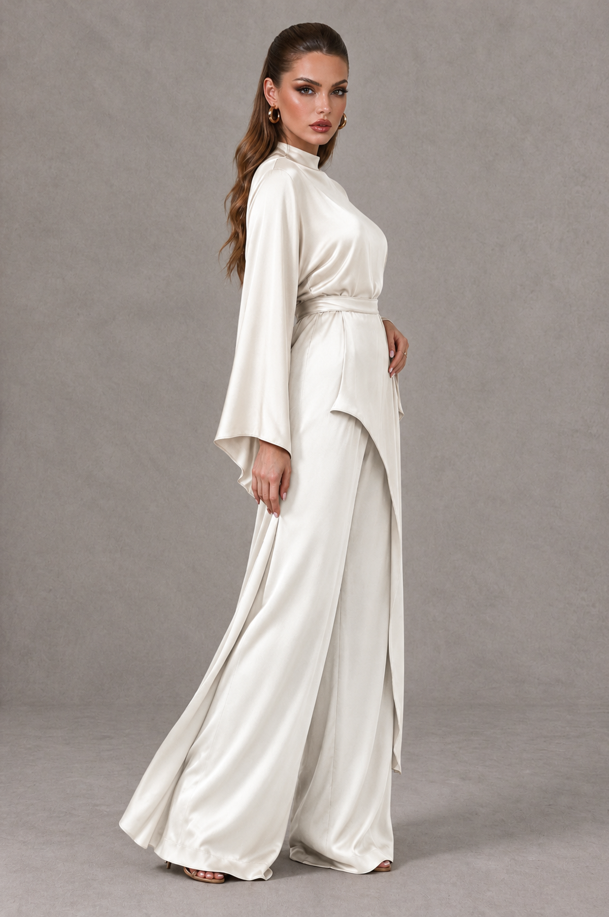 BOLODOO Ivory Satin-Look Long Sleeve Wide-Leg Jumpsuit - Ivory - Ivory_03