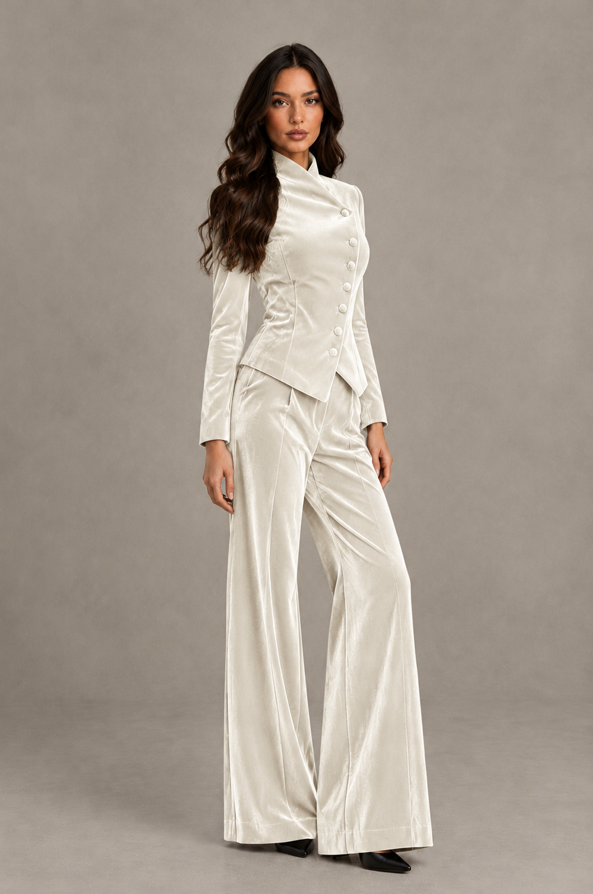 BOLODOO Ivory Velvet Two-Piece Pantsuit with Long Sleeve Blazer & Wide-Leg Trousers - Ivory - Ivory_03