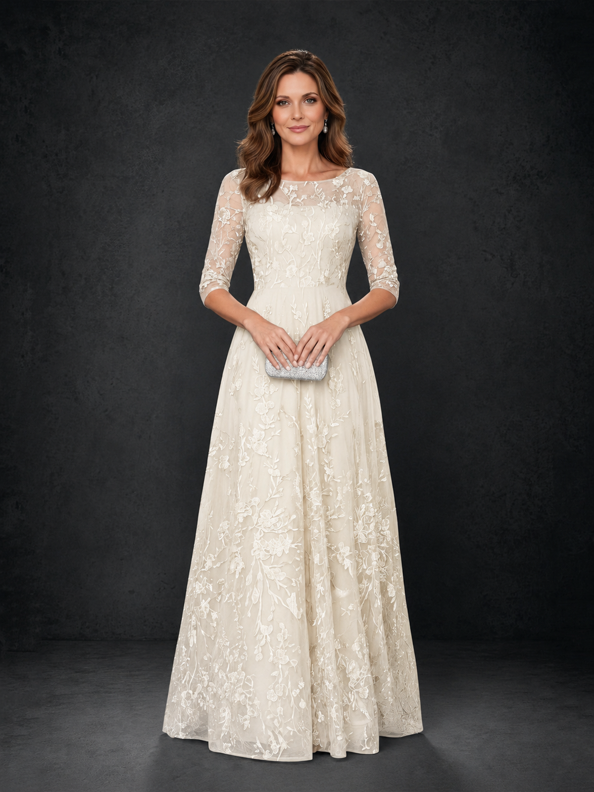BOLODOO Ivory Illusion Bateau Neck 3/4 Sleeve Floral Lace A-Line Mother of the Bride Dress MX007 - Ivory - Ivory_04