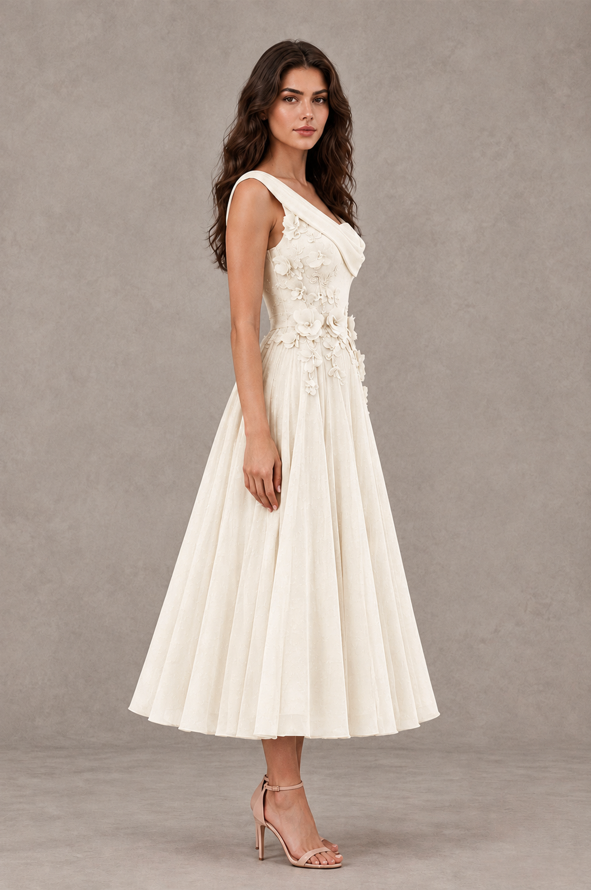 BOLODOO Ivory One-Shoulder Floral Tulle Tea-Length Dress - Ivory - Ivory_04