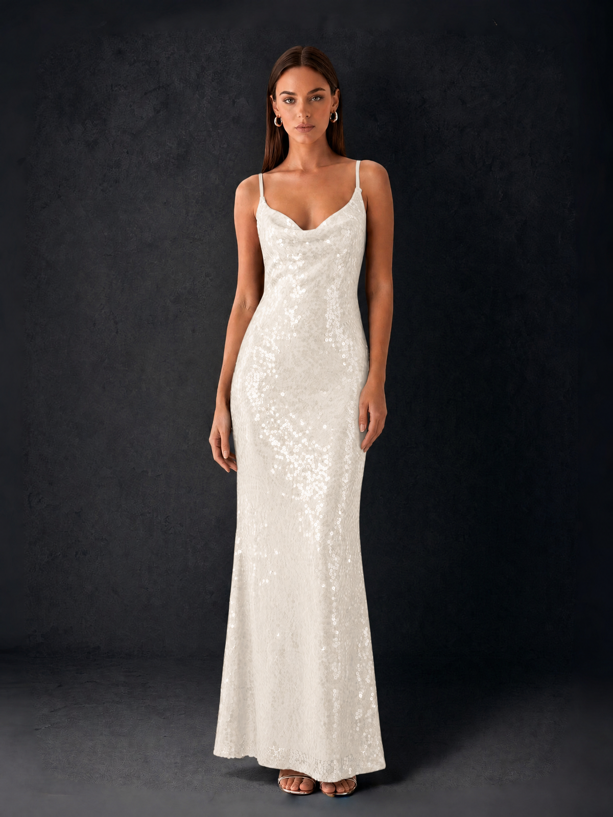 BOLODOO Bronze Sequin Cowl Neck Spaghetti Strap Mermaid Maxi Dress with Open Criss-Cross Back - Ivory - Ivory