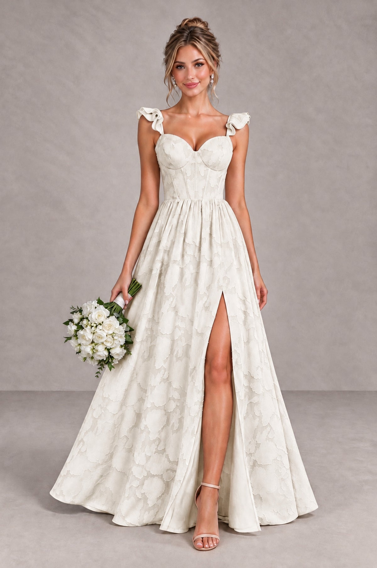 BOLODOO Ivory Floral A-Line Bridesmaid Dress with Slit Ruffle Straps Maxi Gown - Ivory - Ivory_1