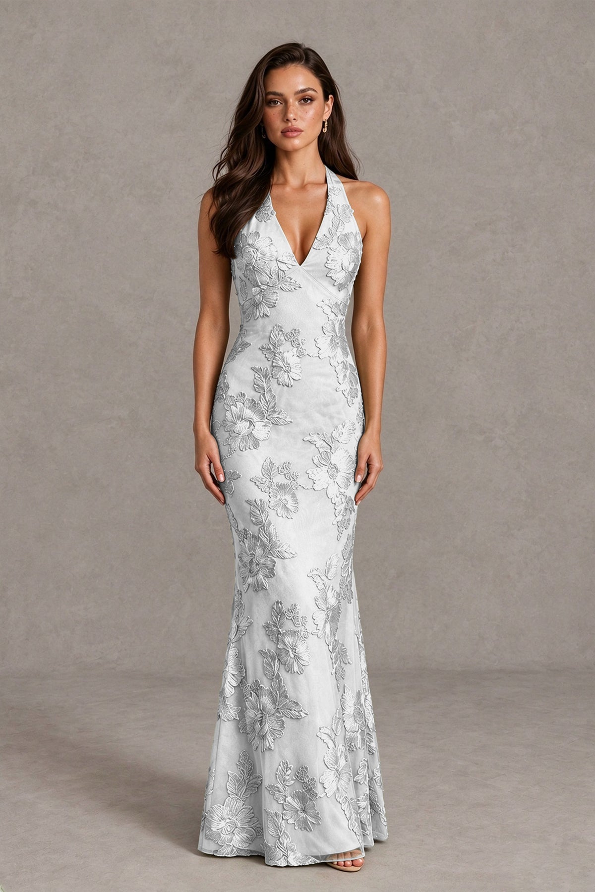 BOLODOO Ivory Floral Jacquard Halter Maxi Dress - Ivory - Ivory(1)