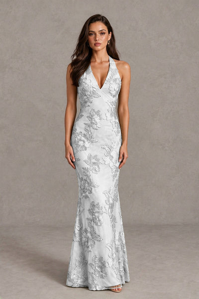 BOLODOO Ivory Floral Jacquard Halter Maxi Dress - Ivory - Ivory(1)
