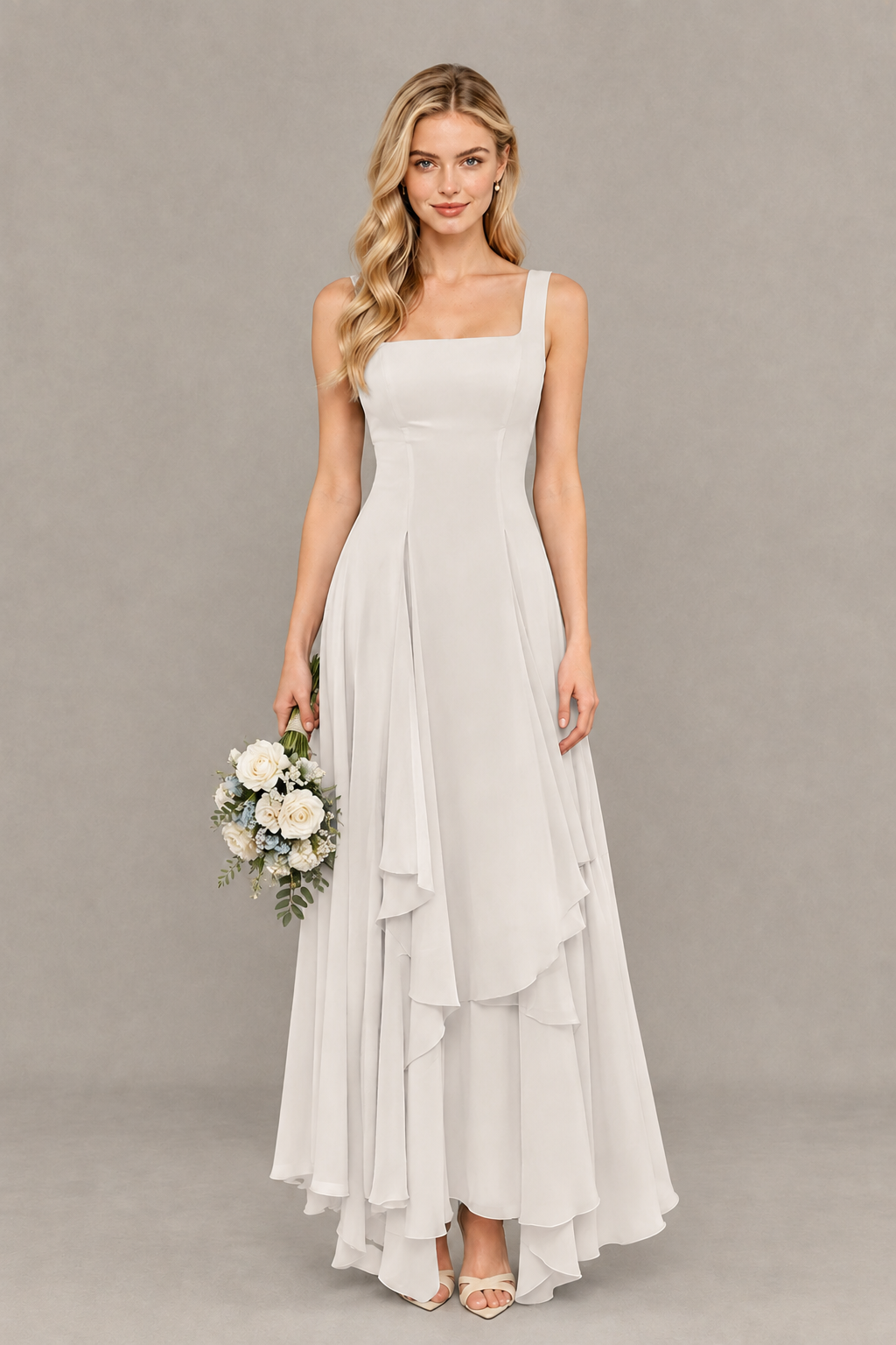 BOLODOO Ivory Square Neck Chiffon Bridesmaid Dress with Lace-Up Back - Ivory