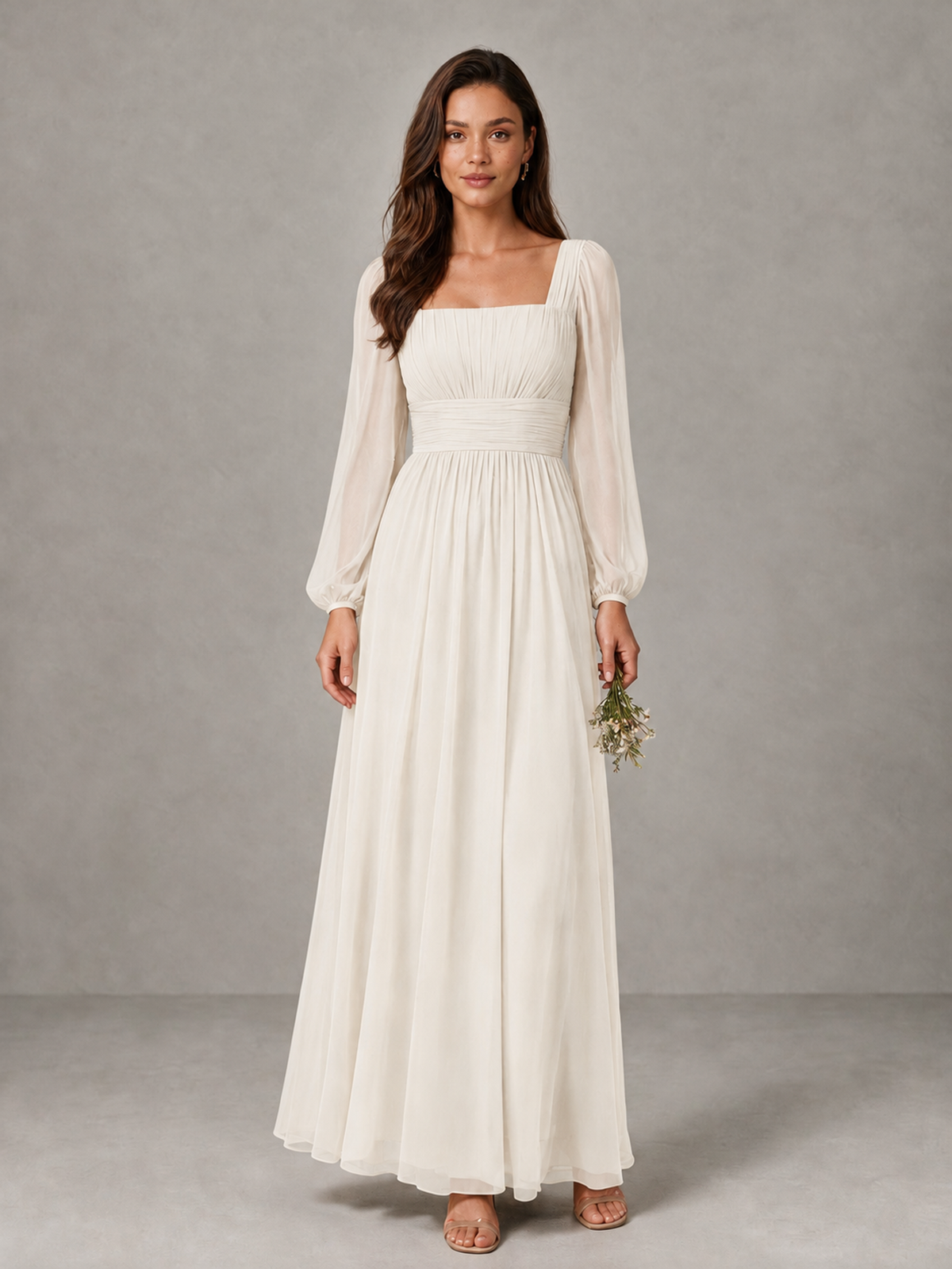BOLODOO Ivory Square Neck Long Sleeve Chiffon Bridesmaid Dress - Ivory - Ivory_1