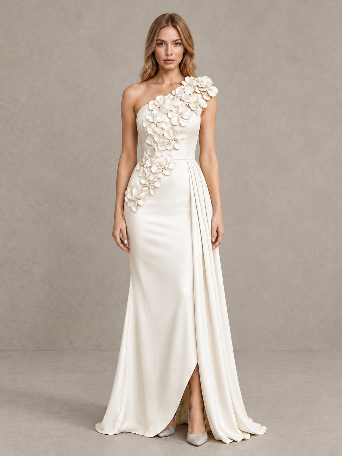 BOLODOO Ivory One-Shoulder Satin Mermaid Evening Gown with 3D Floral Appliqué - Ivory - Ivory_1