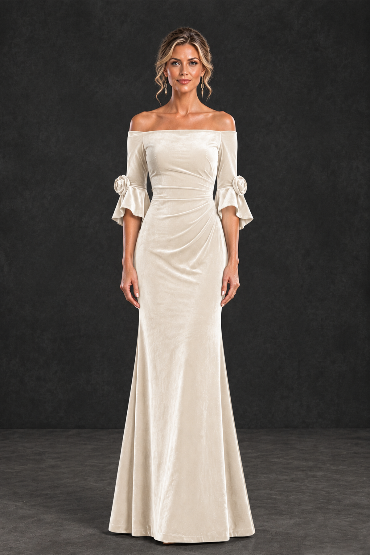 BOLODOO Ivory Velvet Off-Shoulder Mother of the Bride Dress – 3/4 Floral Cuff Sleeve Mermaid Evening Gown - Ivory - Ivory_1