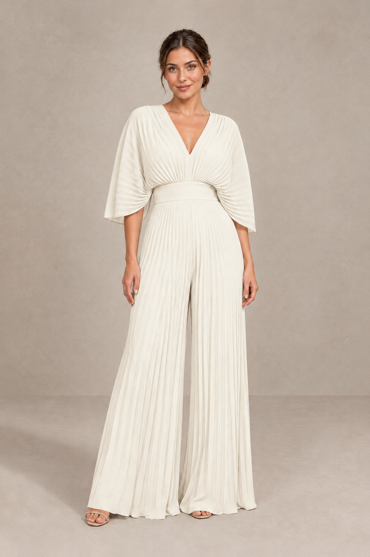 BOLODOO Ivory Pleated Wide-Leg Mother of Bride Pantsuit with V-Neck Chiffon Maxi Gown - Ivory - Ivory_1
