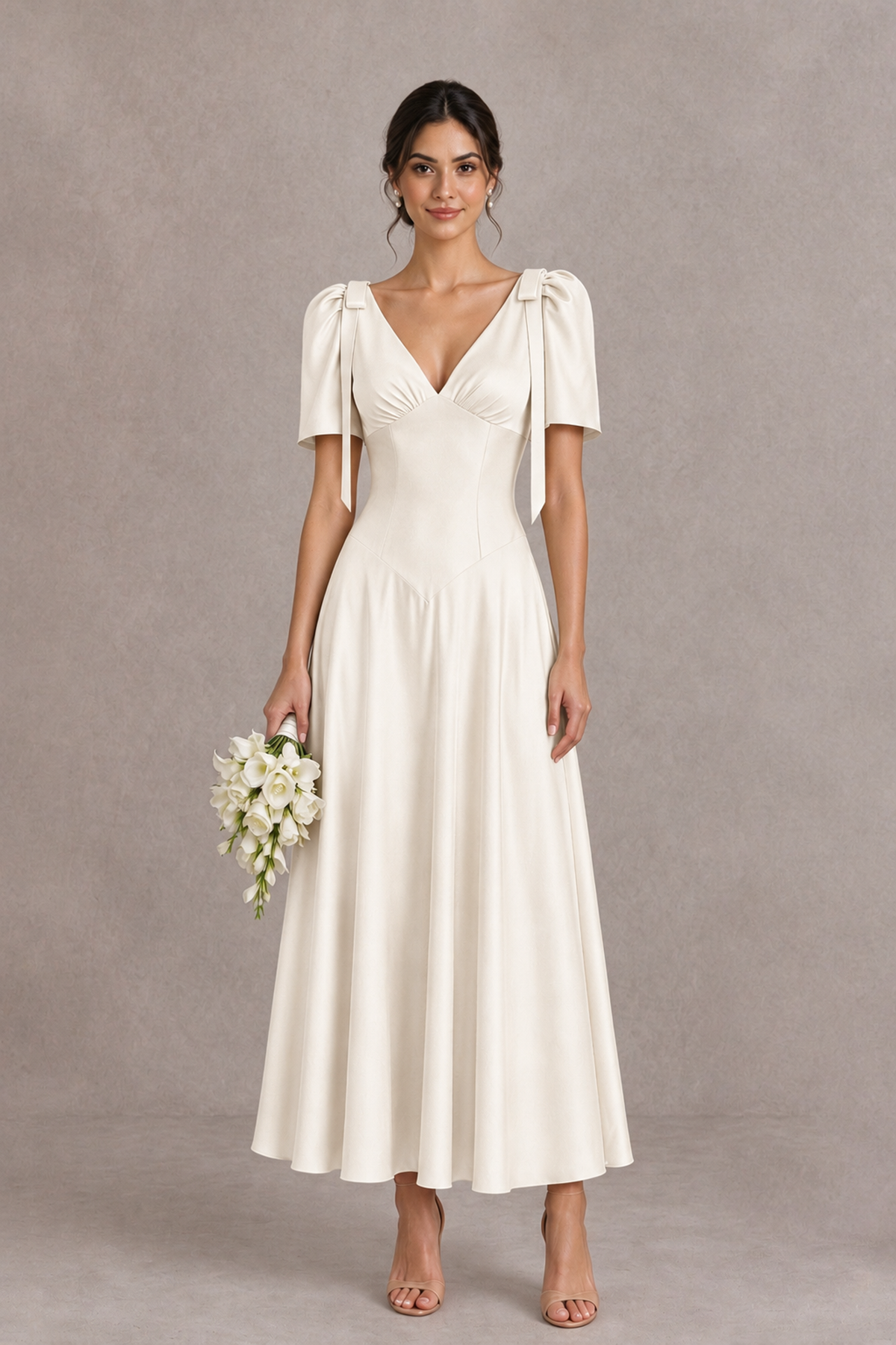 BOLODOO Ivory V-Neck Short Sleeve Satin-Look Bridesmaid Dress with Shoulder Bows - Ivory - Ivory_1
