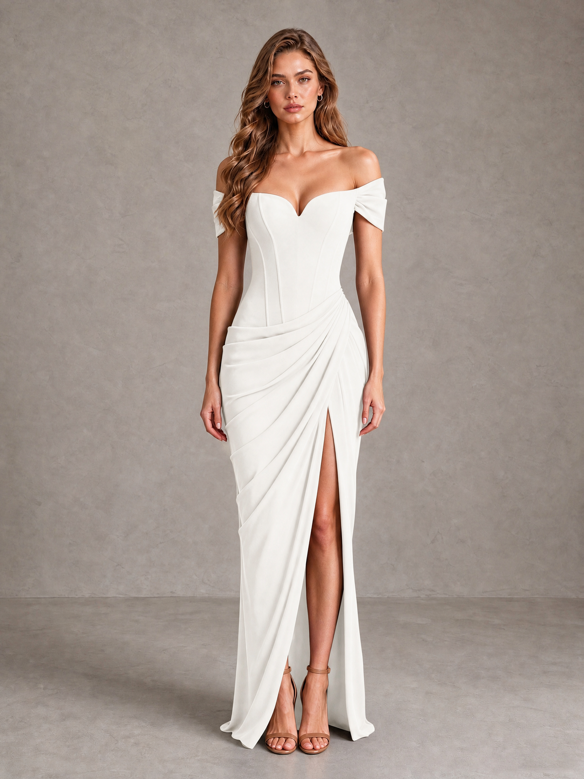 BOLODOO Ivory Off-Shoulder Ruched Corset Wedding Guest Dress with Slit - Ivory - Ivory_1