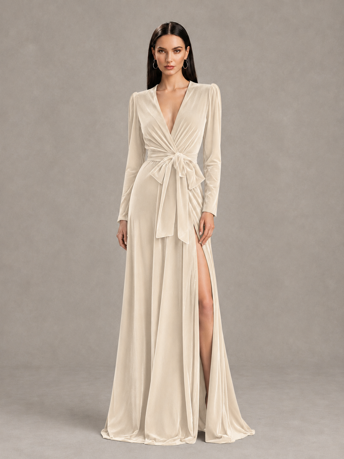 BOLODOO Ivory Long Sleeve Velvet-Look Evening Dress with High Slit - Ivory - Ivory_1