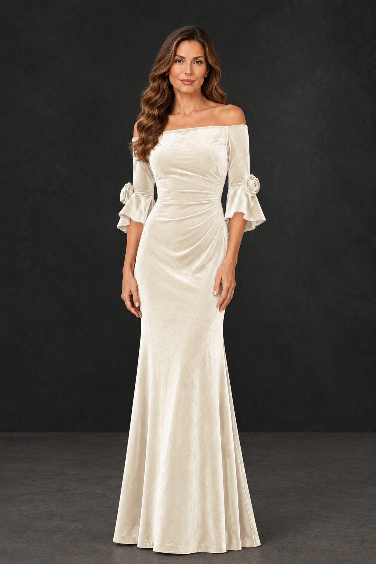 BOLODOO Ivory Velvet Mother of the Bride Dress with Rosette Sleeves - Ivory - Ivory_1