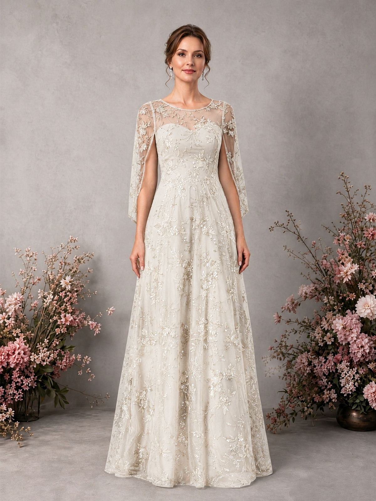 BOLODOO Ivory Sequin Lace Cape Sleeve Formal Evening Gown - Ivory - Ivory_1