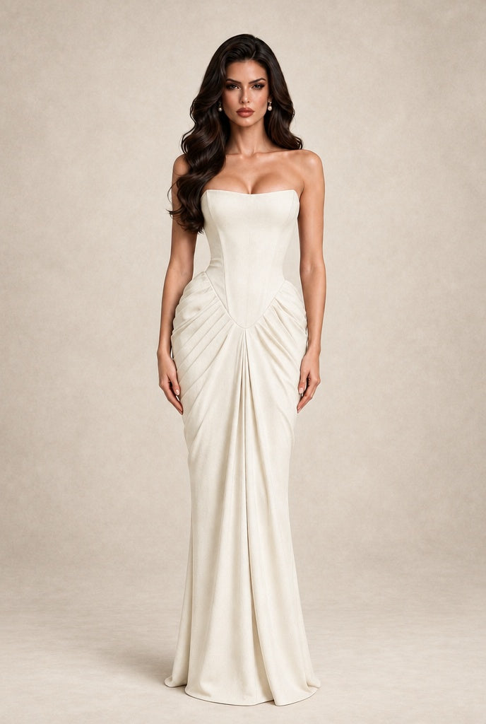 BOLODOO Ivory Strapless Ruched Corset Evening Gown - Ivory - Ivory_1