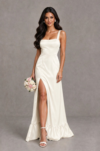 BOLODOO Ivory Square Neck Satin Evening Dress with Lace-Up Back and High Slit - Ivory - Ivory_1