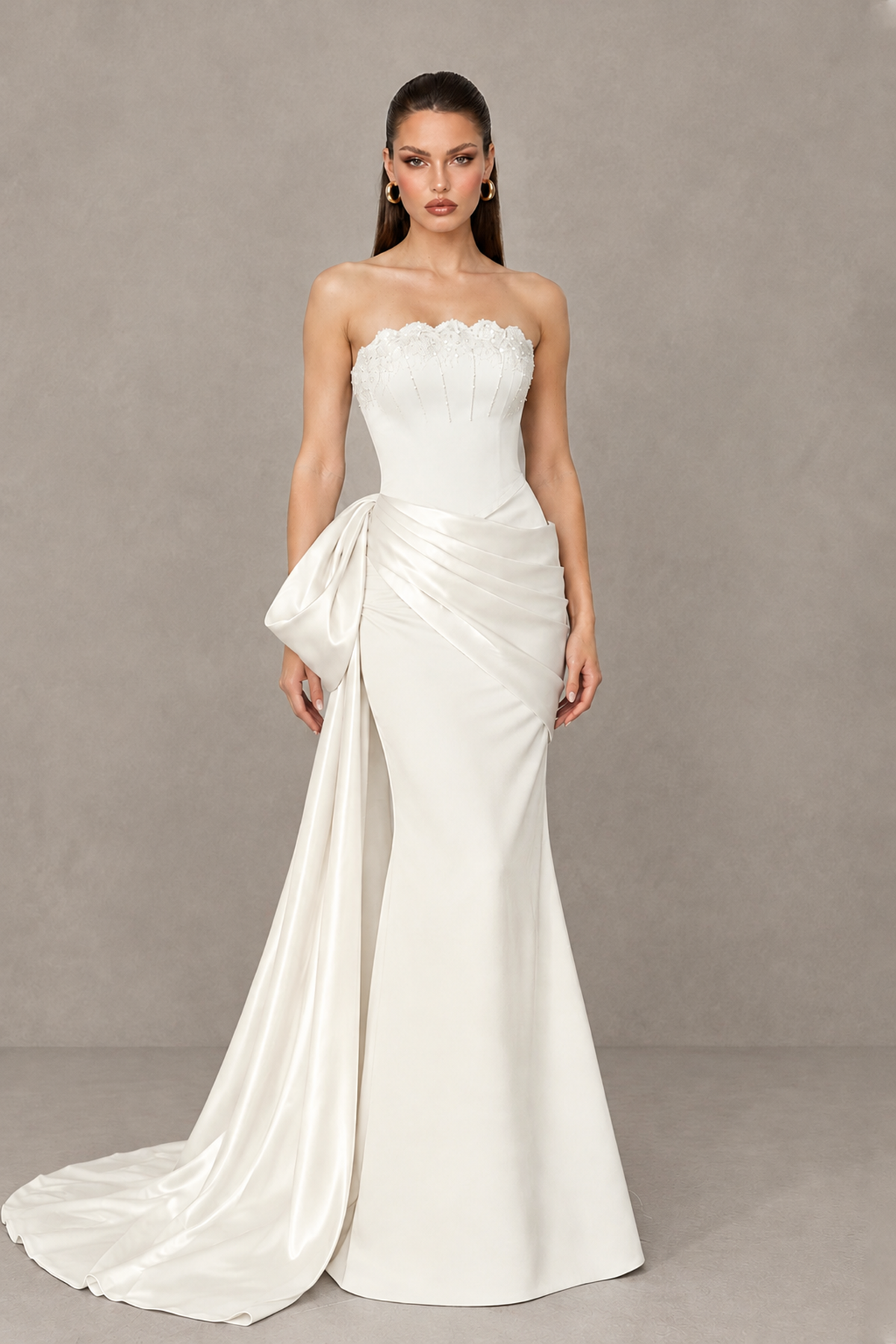 BOLODOO Ivory Strapless Satin Prom Dress with Draped Side Train - Ivory - Ivory_1
