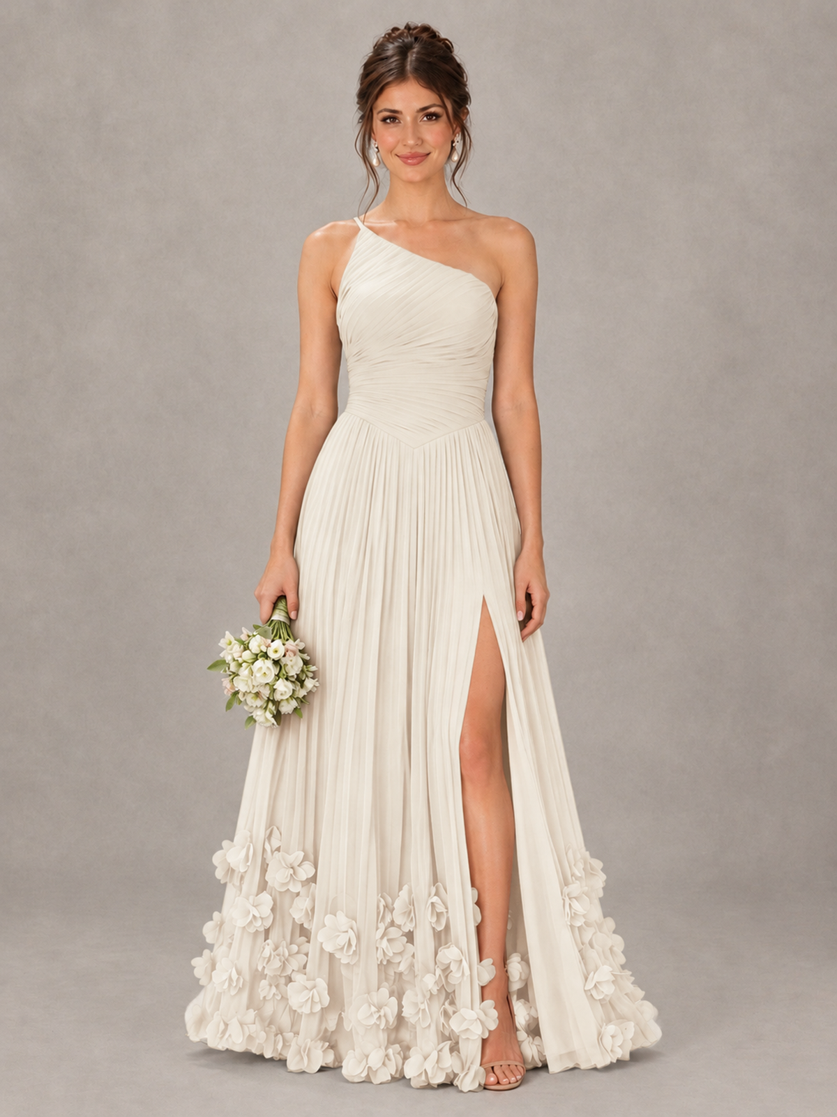 BOLODOO Ivory One-Shoulder Pleated Bridesmaid Dress with 3D Floral Hem - Ivory - Ivory_1