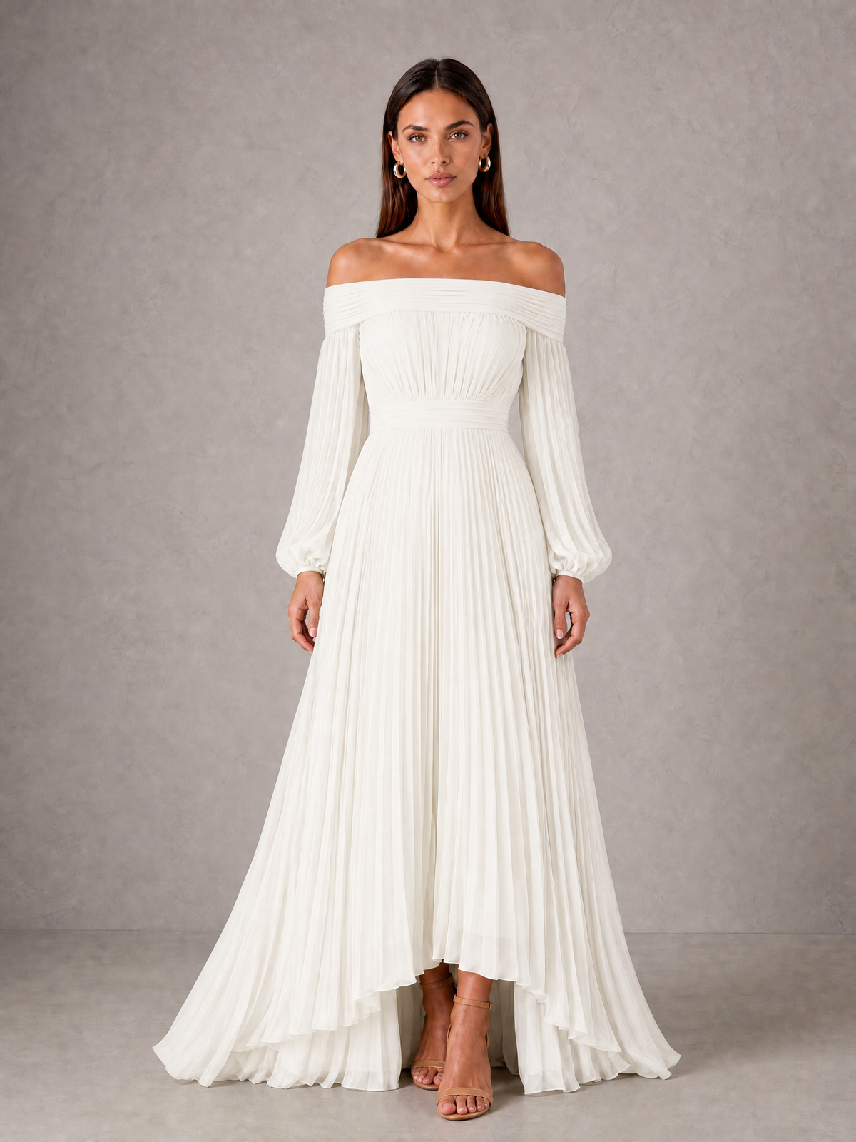 BOLODOO Ivory Off-Shoulder Long Sleeve Pleated High-Low Dress - Ivory - Ivory_1