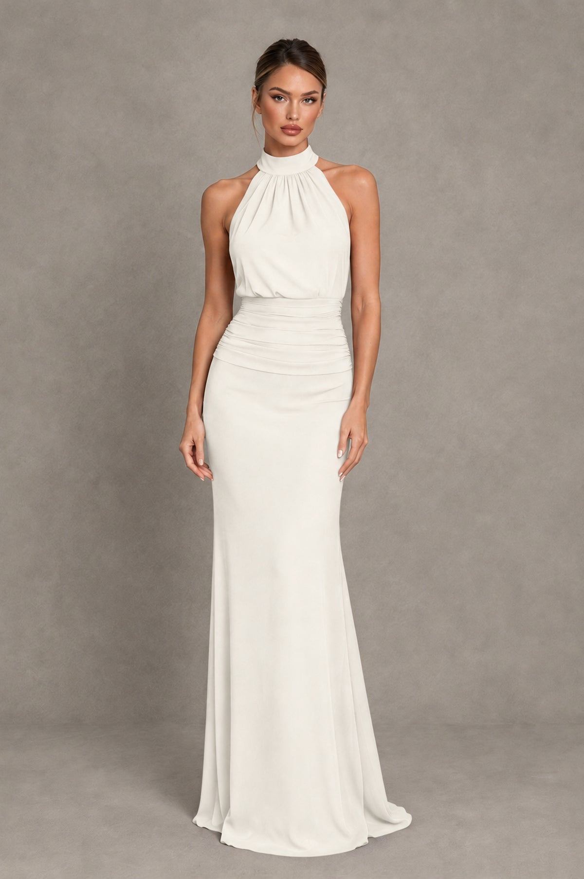 BOLODOO Ivory Chiffon Halter Maxi Formal Wedding Guest Dress - Ivory - Ivory_1