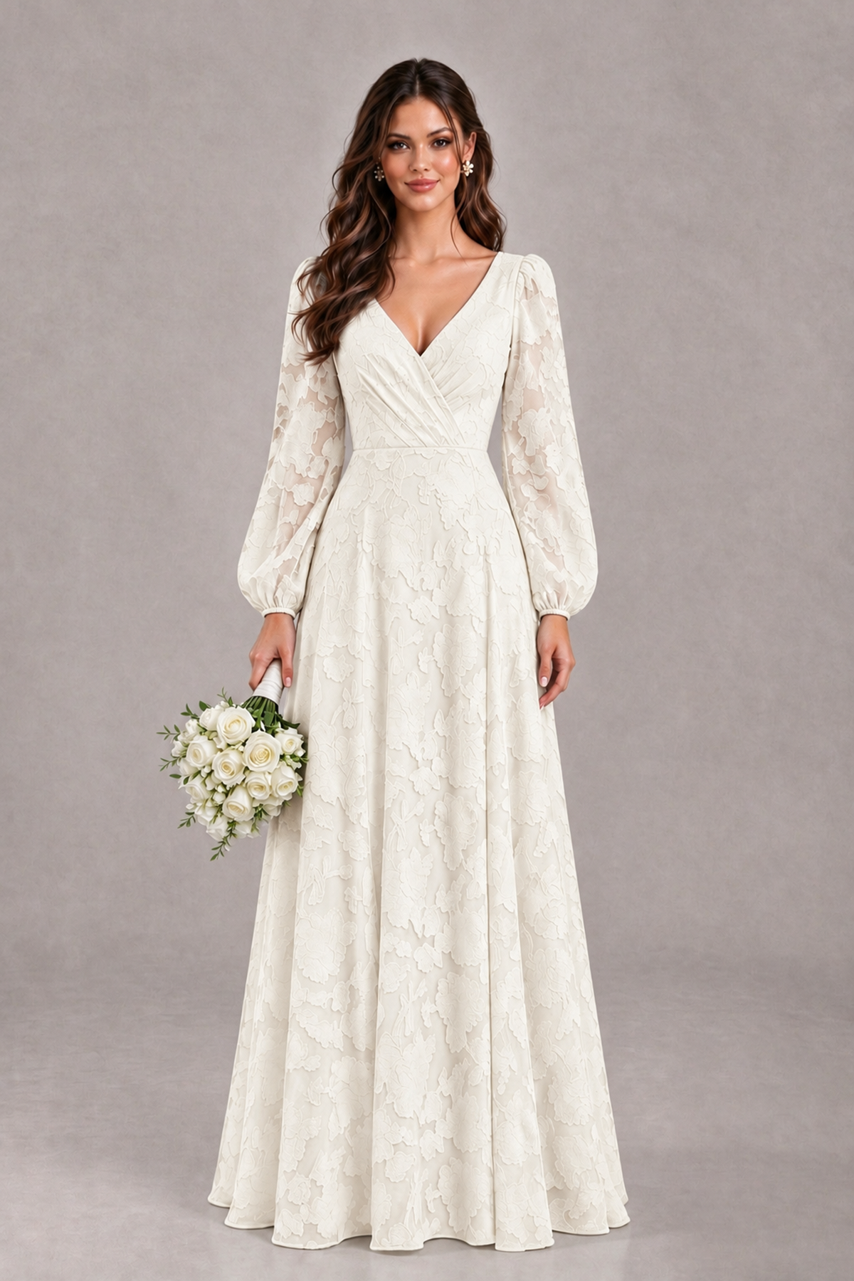 BOLODOO Ivory Long Sleeve V-Neck A-Line Mother of the Bride Dress - Ivory - Ivory_1