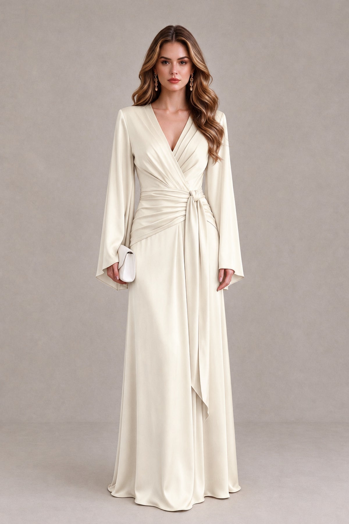 BOLODOO Ivory Yellow Satin-Look V-Neck Long Bell Sleeve Evening Dress - Ivory - Ivory_1