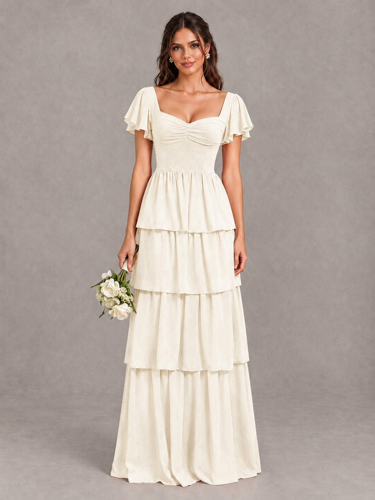 BOLODOO Ivory Flutter Sleeve Tiered Maxi Bridesmaid Dress - Ivory - Ivory_1