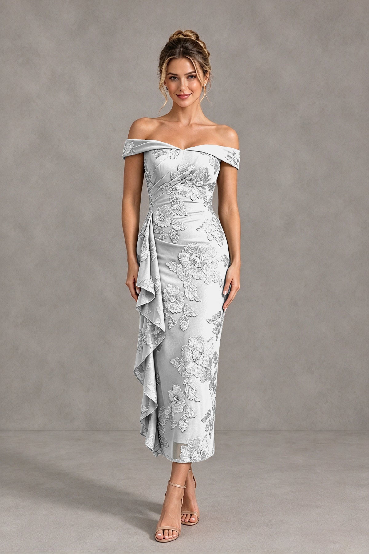 BOLODOO Ivory Off Shoulder Floral Jacquard Midi Dress - Ivory - Ivory(1)