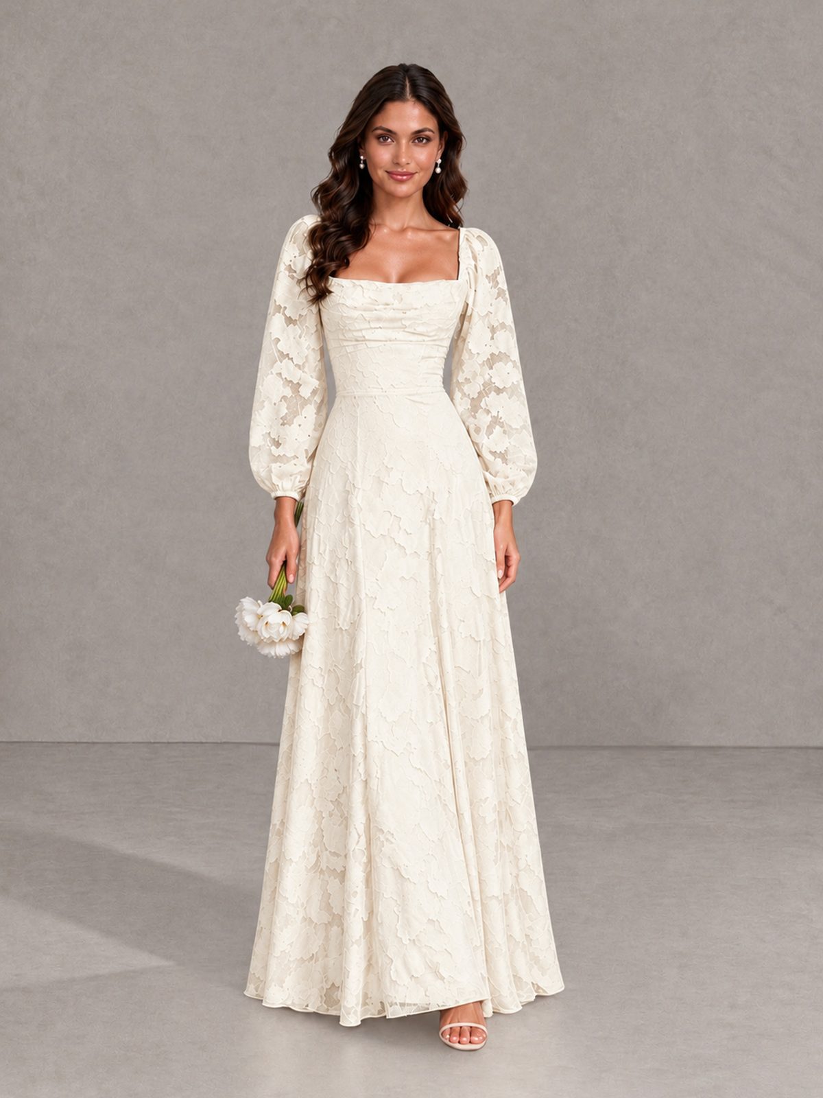 BOLODOO Ivory Floral Long Sleeve A-Line Bridesmaid Dress - Ivory - Ivory_1
