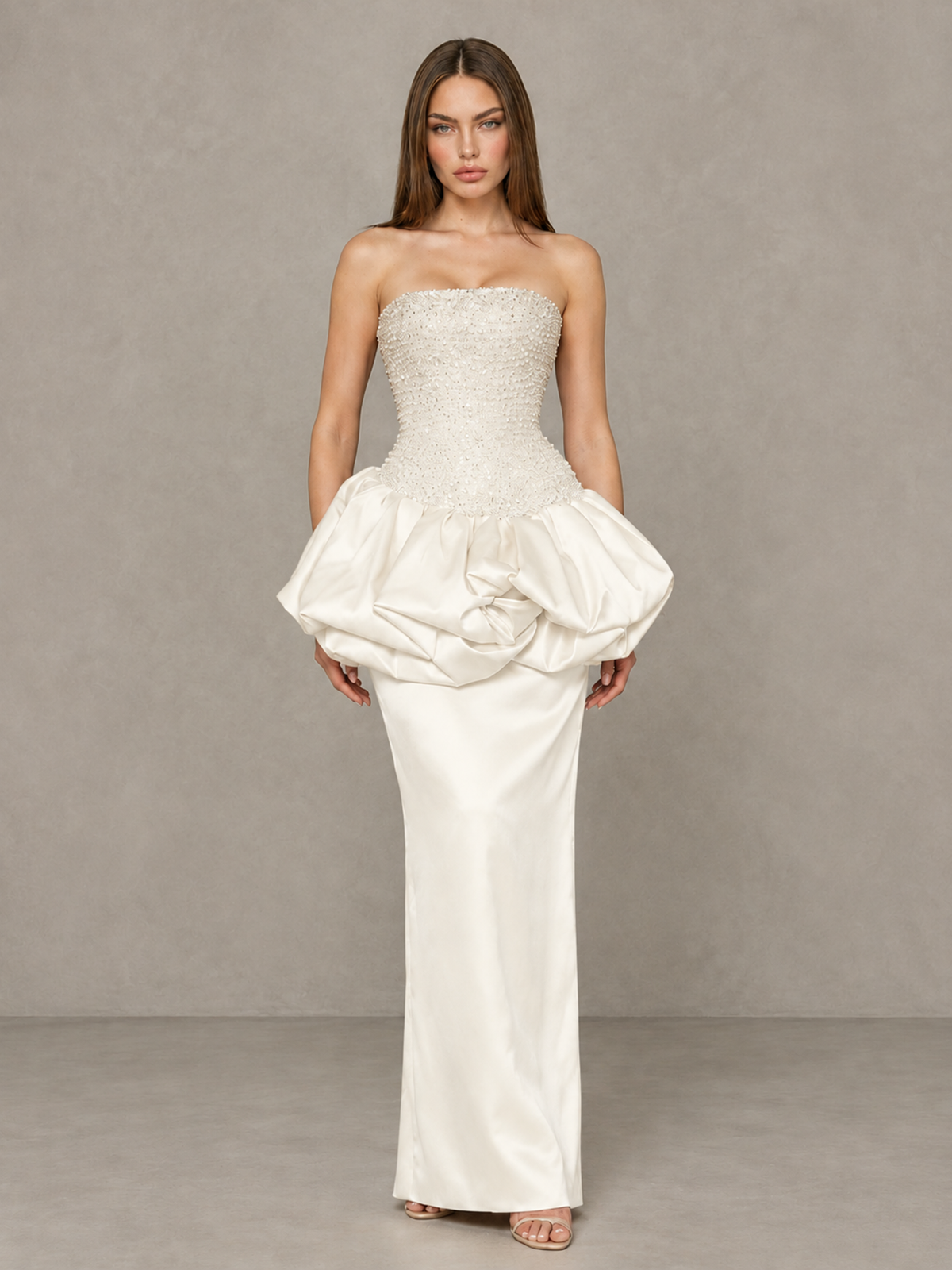 BOLODOO Ivory Strapless Embellished Bubble Peplum Evening Dress - Ivory - Ivory_1
