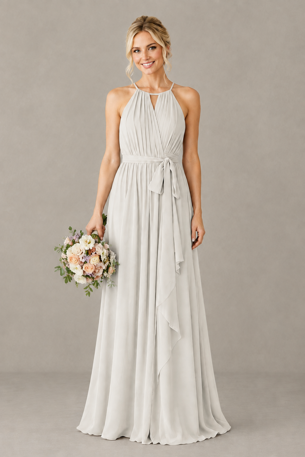 BOLODOO Ivory Halter Chiffon Bridesmaid Dress with High Slit - Ivory