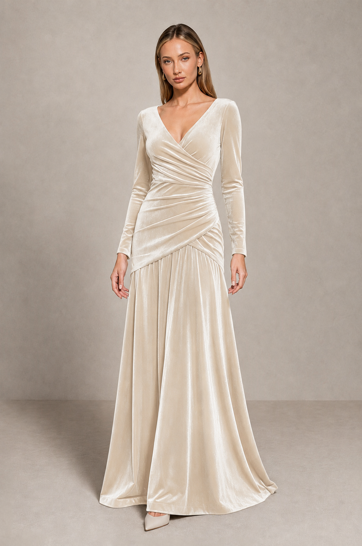 BOLODOO Ivory Velvet Long Sleeve V-Neck Ruched Evening Dress - Ivory - Ivory_1