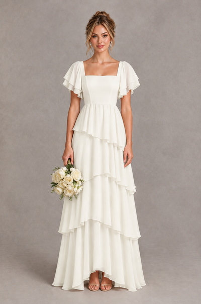 BOLODOO Ivory Square Neck Flutter Sleeve Tiered Chiffon Bridesmaid Dress with Lace-Up Back - Ivory - Ivory_1