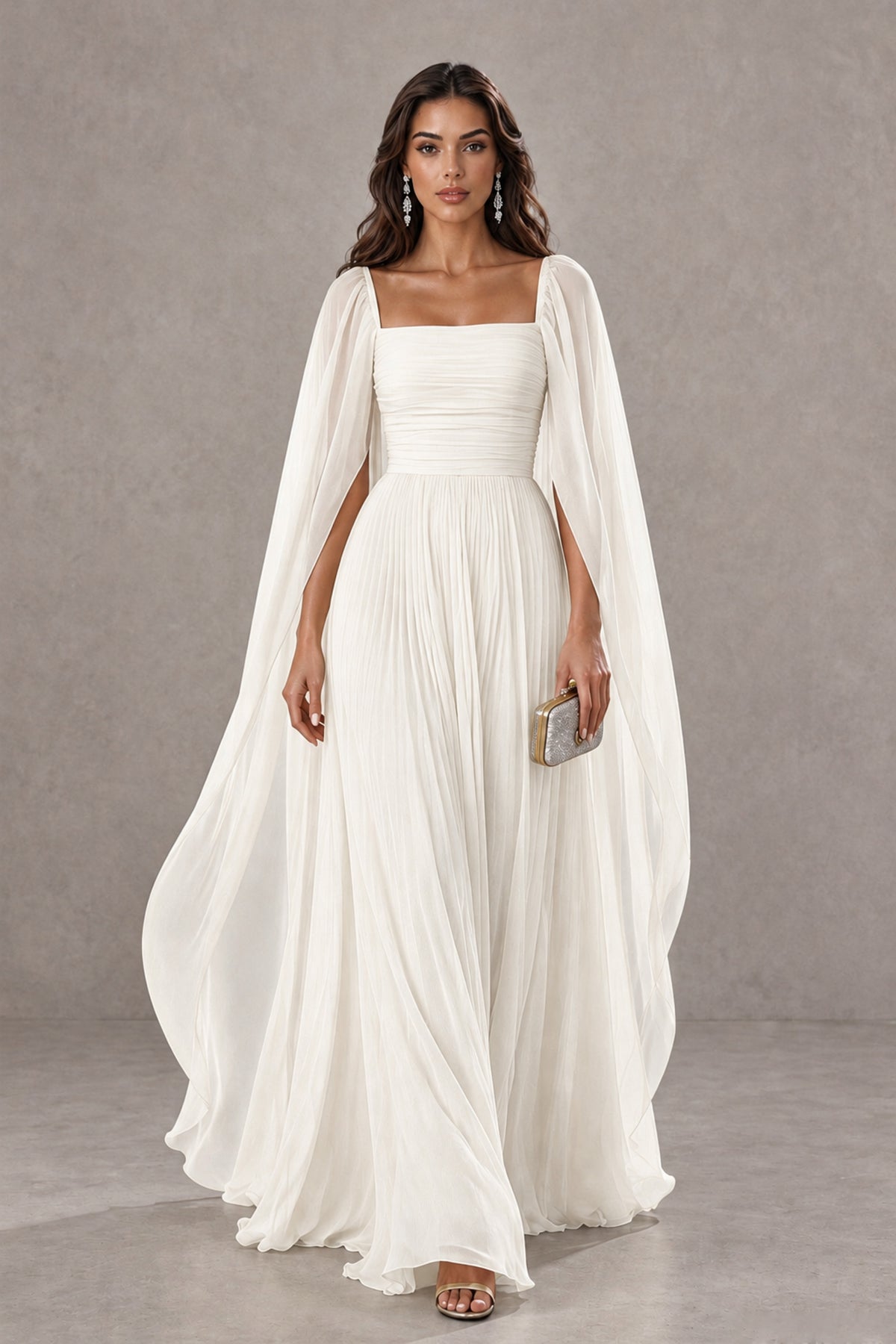 BOLODOO Ivory Square Neck Cape Sleeve A-Line Evening Dress - Ivory - Ivory_1
