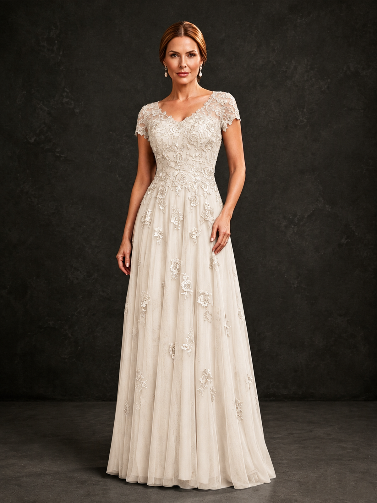 BOLODOO Ivory Cap Sleeve Lace Appliqué A-Line Formal Gown | Mother of the Bride Dress - Ivory - Ivory_1