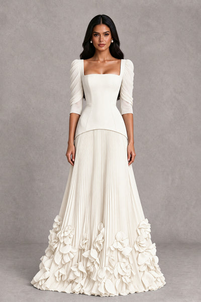 BOLODOO Ivory Square Neck Pleated Floral Applique Evening Dress - Ivory - Ivory_1