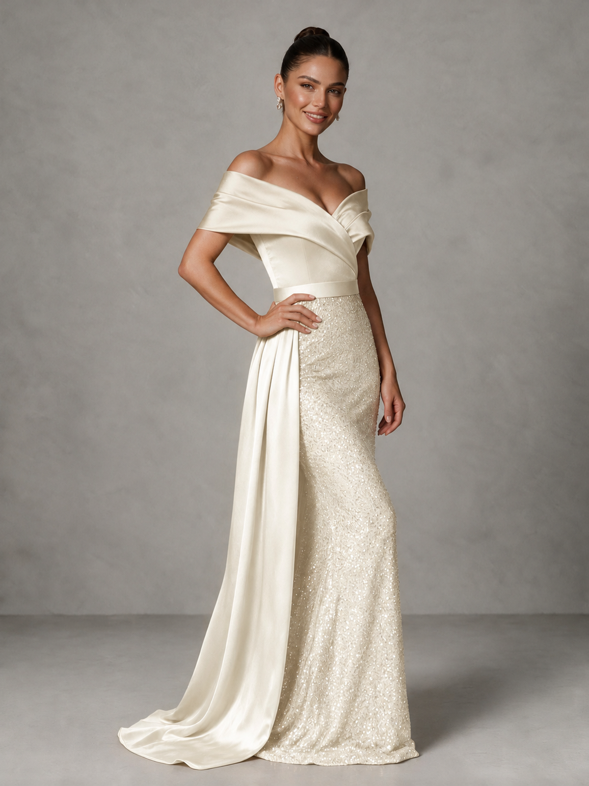 BOLODOO Ivory Sequin Mermaid Evening Dress with Off-Shoulder Satin Drape and Sweep Train - Ivory - Ivory_1