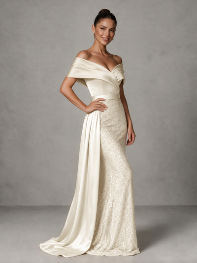 BOLODOO Ivory Sequin Mermaid Evening Dress with Off-Shoulder Satin Drape and Sweep Train - Ivory - Ivory_1
