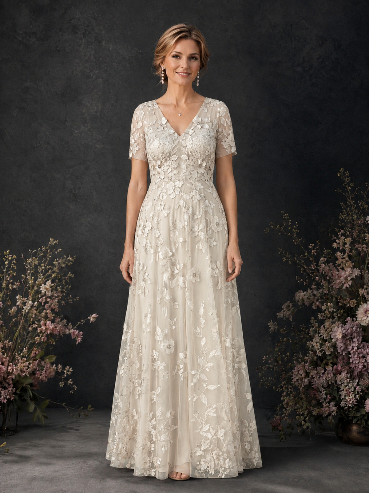 BOLODOO Ivory 3D Floral Embroidered Lace V-Neck Short Sleeve A-Line Maxi Dress - Ivory