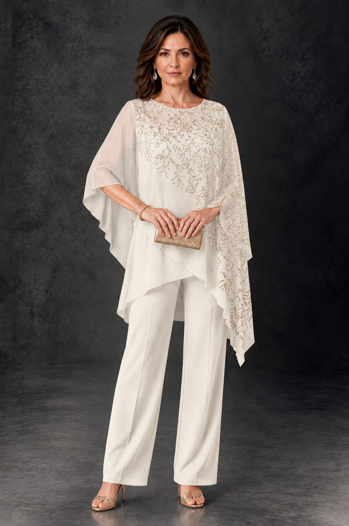 BOLODOO Ivory Embellished Cape Pant Suit for Mother of the Bride - Ivory - Ivory_1