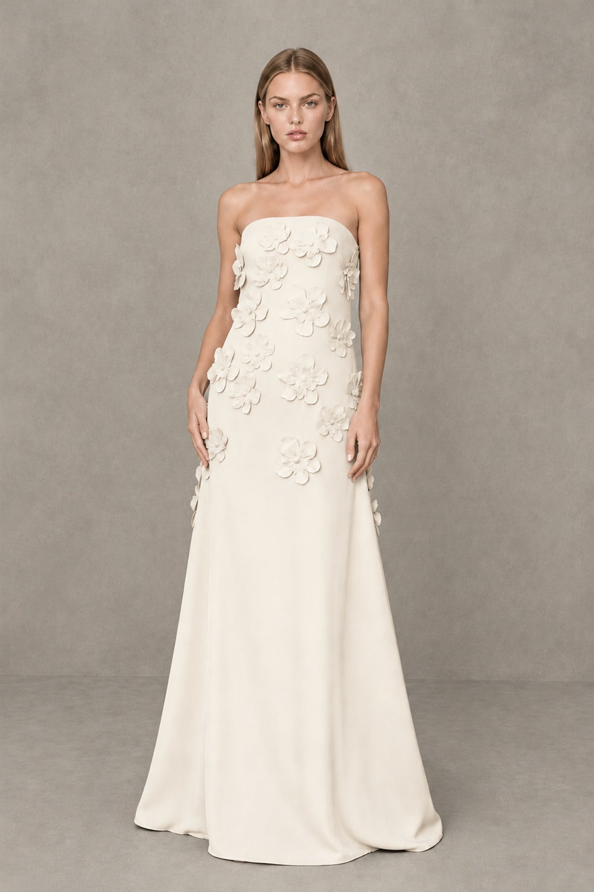 BOLODOO Ivory Strapless 3D Floral Appliqué Crepe Maxi Gown - Ivory - Ivory_1