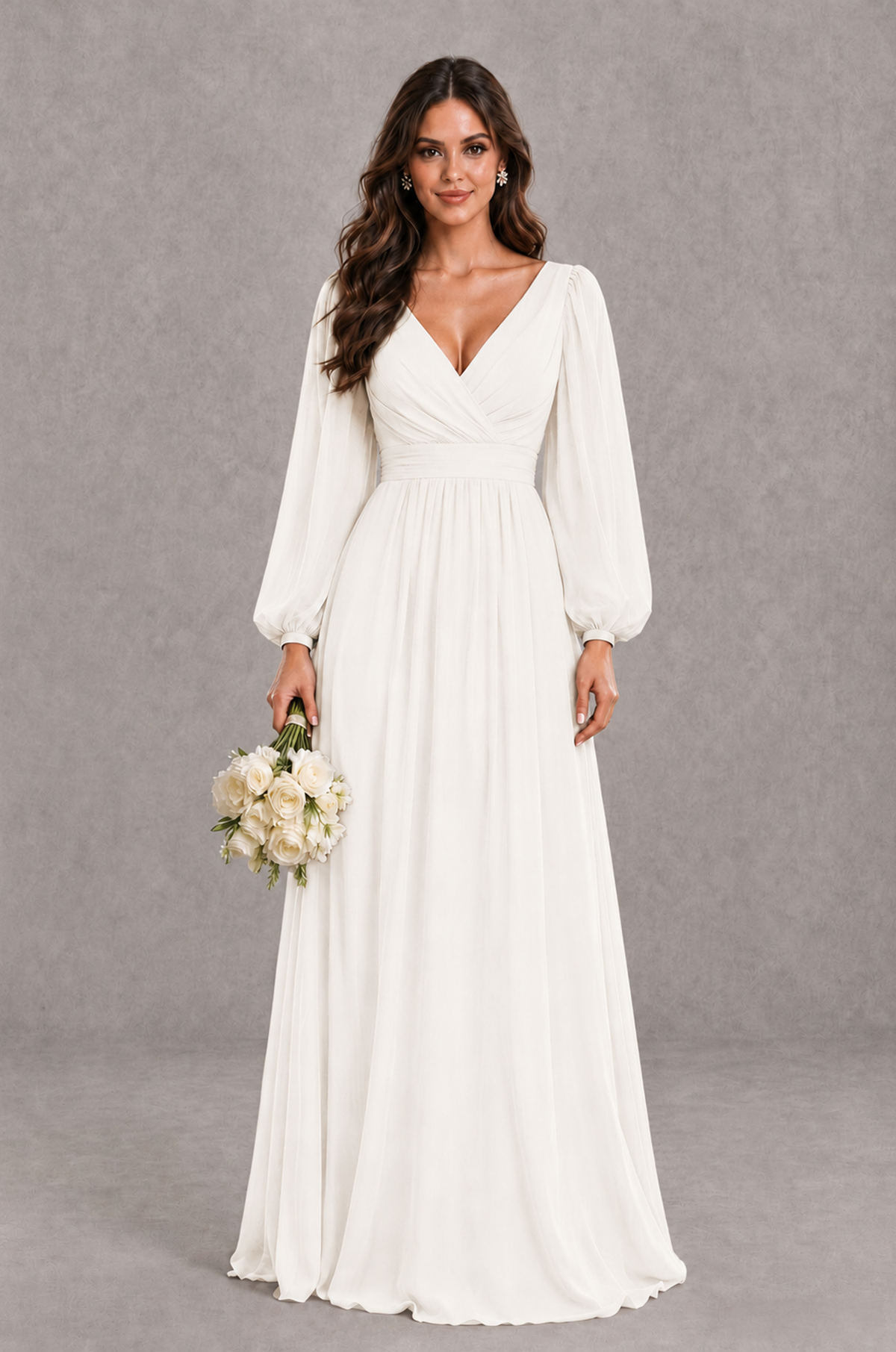 BOLODOO Ivory Long Sleeve V-Neck A-Line Bridesmaid Dress - Ivory - Ivory_1